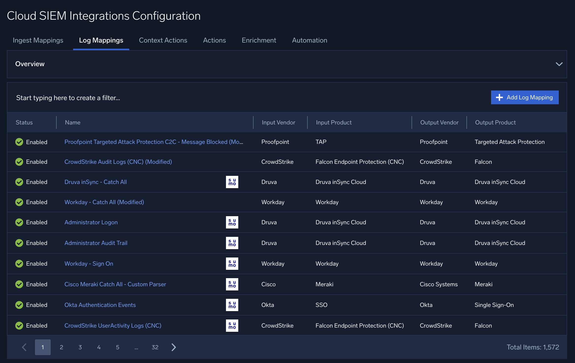Log Mappings page